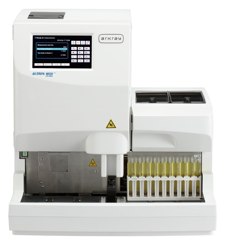 A white machine with a screen and a display. The AUTION MAX™ AX-4060 Fully Automated Urine Analyzer delivers high-quality results with multi-parameter urine chemistry test strips. Featuring a user-friendly touchscreen, it streamlines urine testing and reduces the need for additional testing, helping to quickly identify conditions like UTIs, diabetes, and kidney disorders.